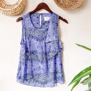 Anthropologie Blue Paisley Sleeveless Ruffle Blouse